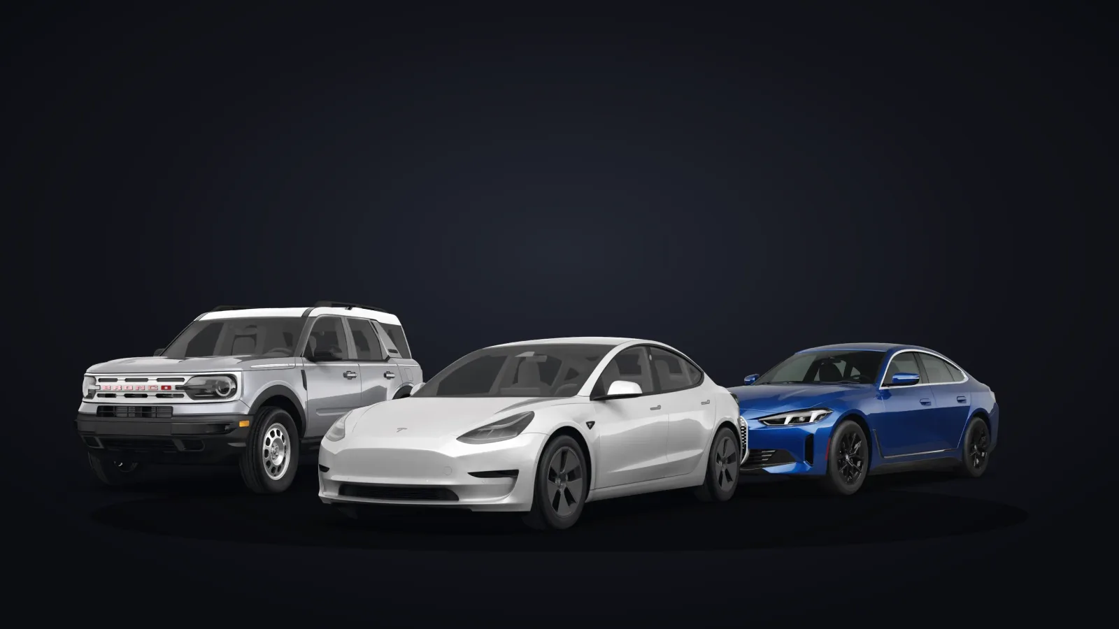 Silver Ford Bronco Sport, white Tesla Model 3, and blue BMW i4 from Autonomy's subscription fleet on a dark background