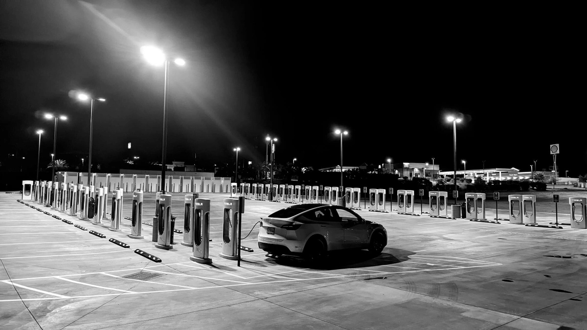 tesla in an electric charging station