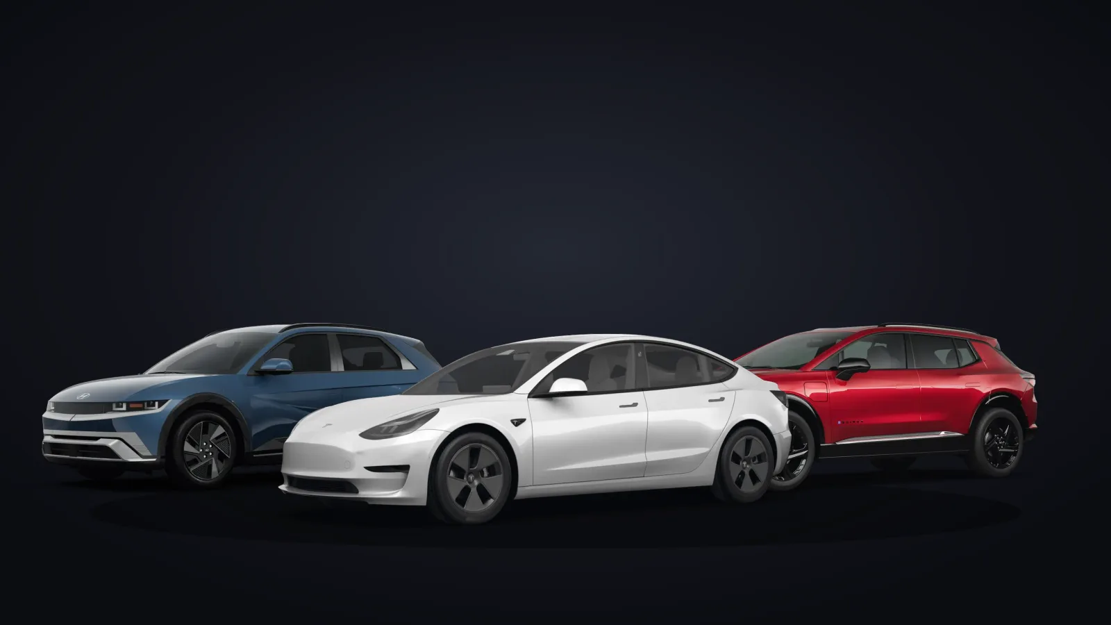 Hyundai Ioniq 5, Tesla Model 3, and Chevrolet Equinox EV from Autonomy's subscription fleet on a dark studio background