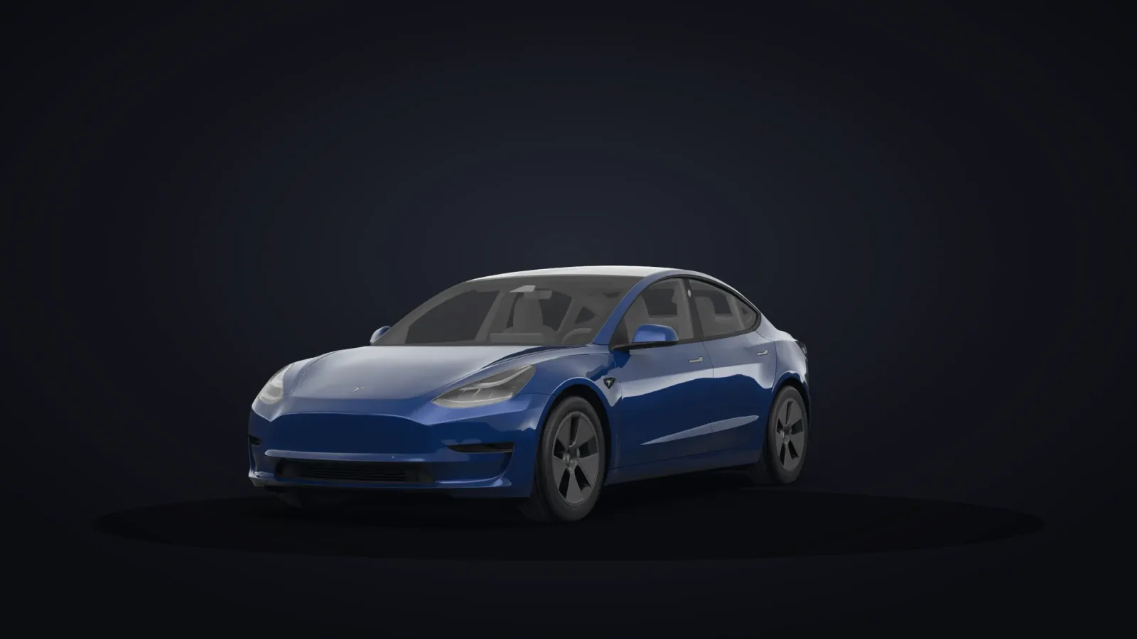 Tesla Model 3 in blue from Autonomy's subscription fleet, front three-quarter view on a dark studio background