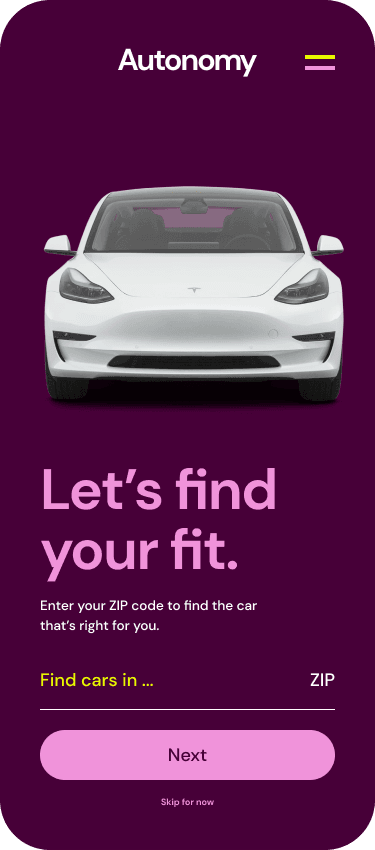 Enter your zip code in the Autonomy app to find a Tesla Model 3 near you