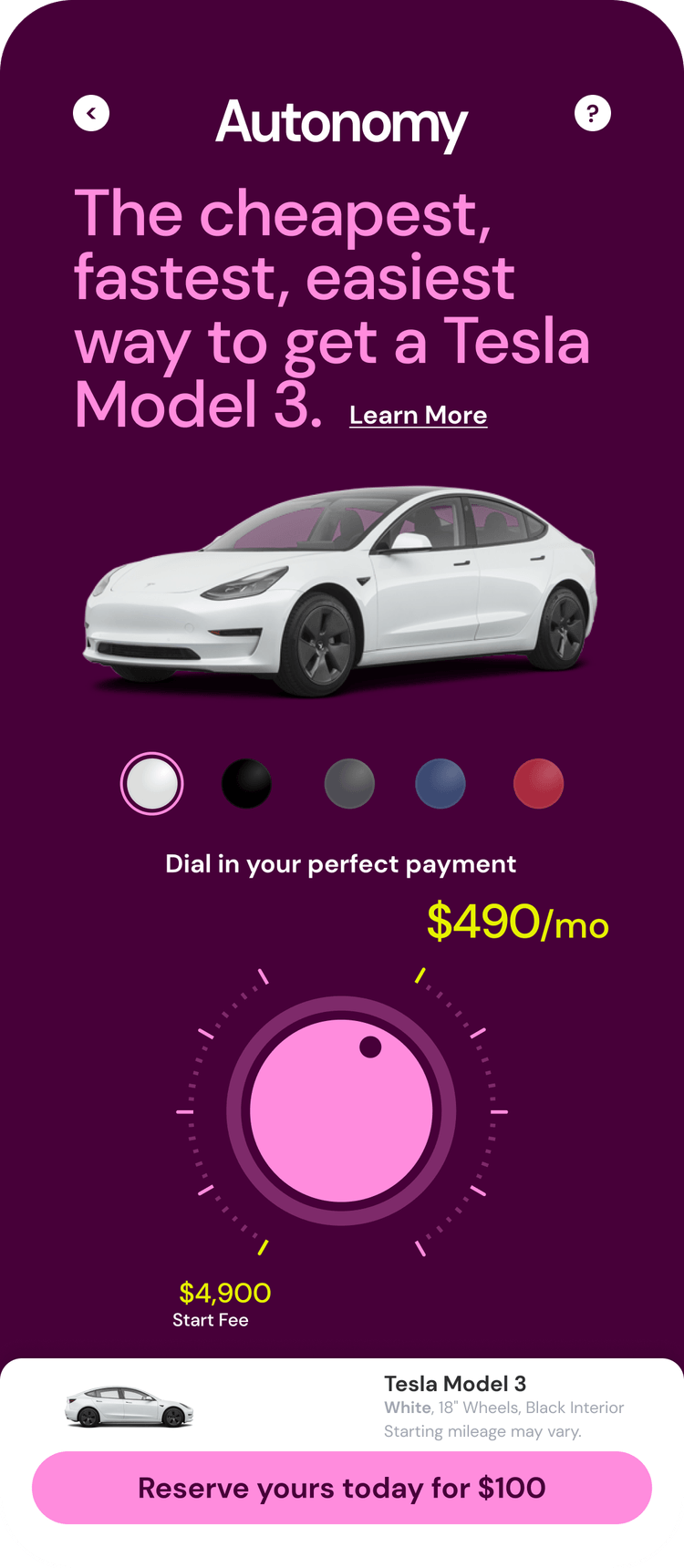Image of the Autonomy mobile app car subscription cost calculator