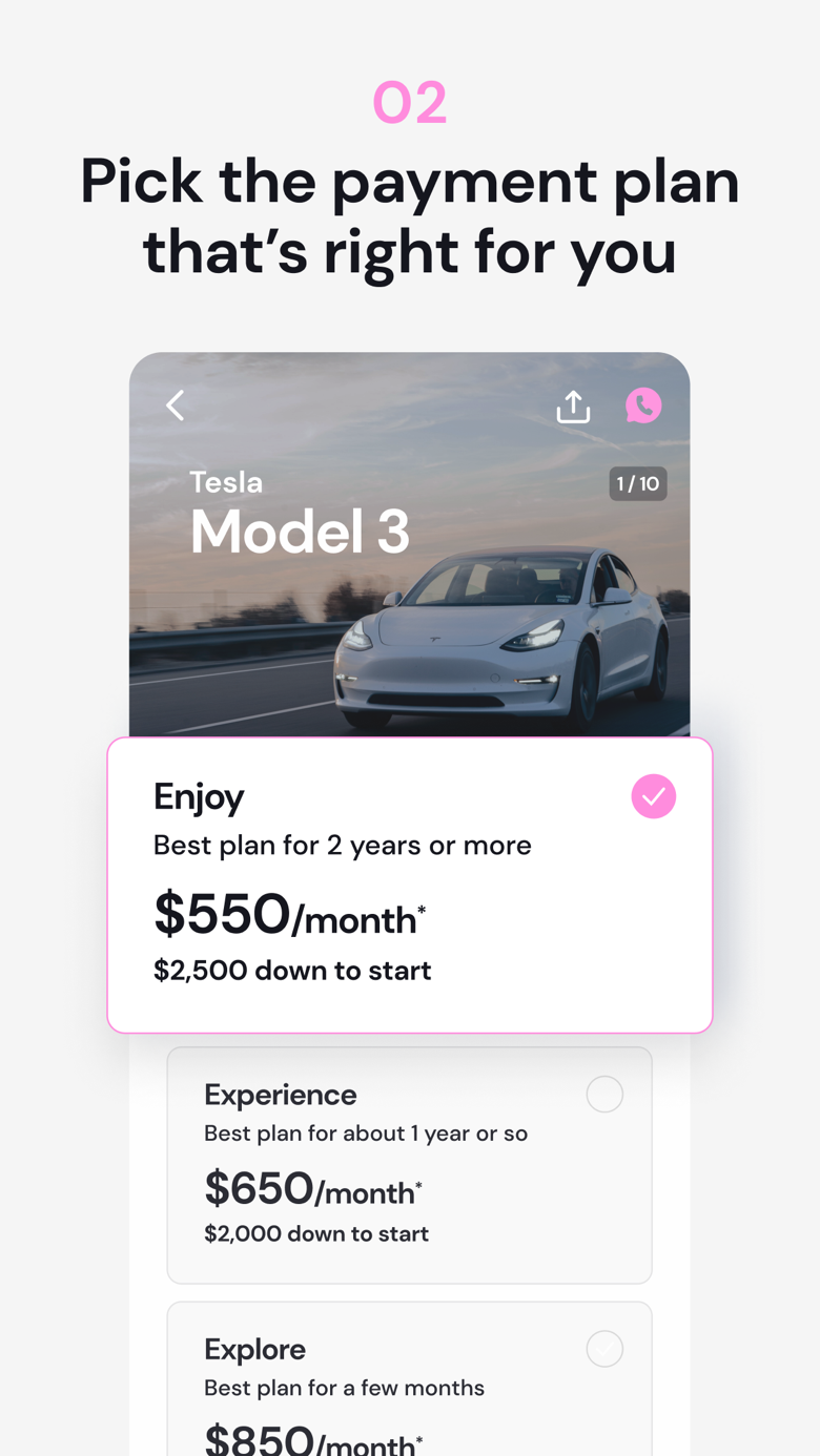 Step 2 in the Autonomy app: pick your payment plan