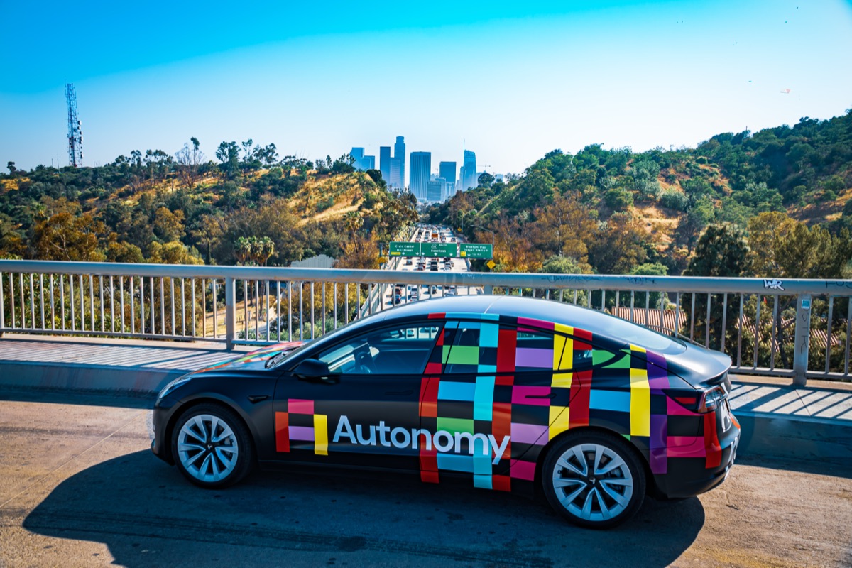 An Autonomy car overlooking the Los Angeles skyline